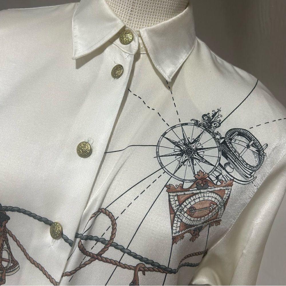 Horst Basler Vintage Shoulder Pads White Satin Blouse Chain Globe print - Picture 9 of 13